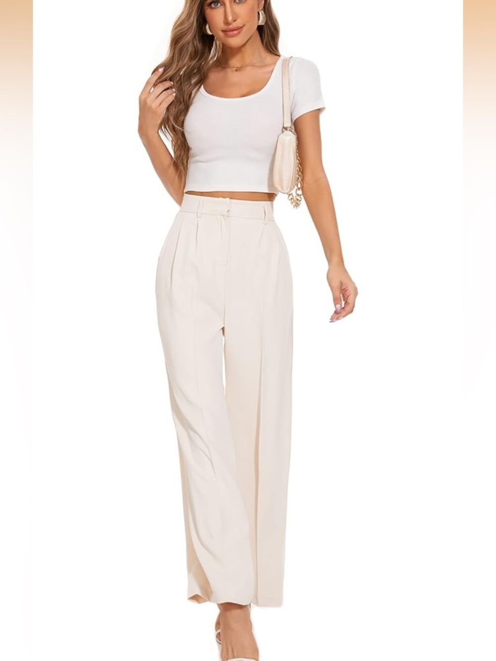 FUNYYZO Cream Wide Leg Pleated Work Pants Small NWOT Elastic Back